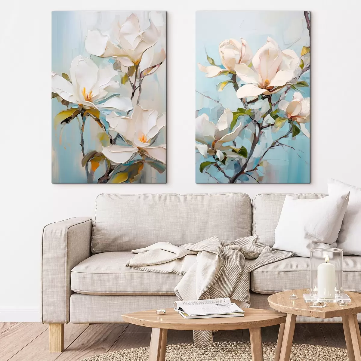 Tableau Fleurs de magnolia blanches, fond bleu clair avec des coups de pinceau doux, style peinture à l'huile, texture impasto m00881