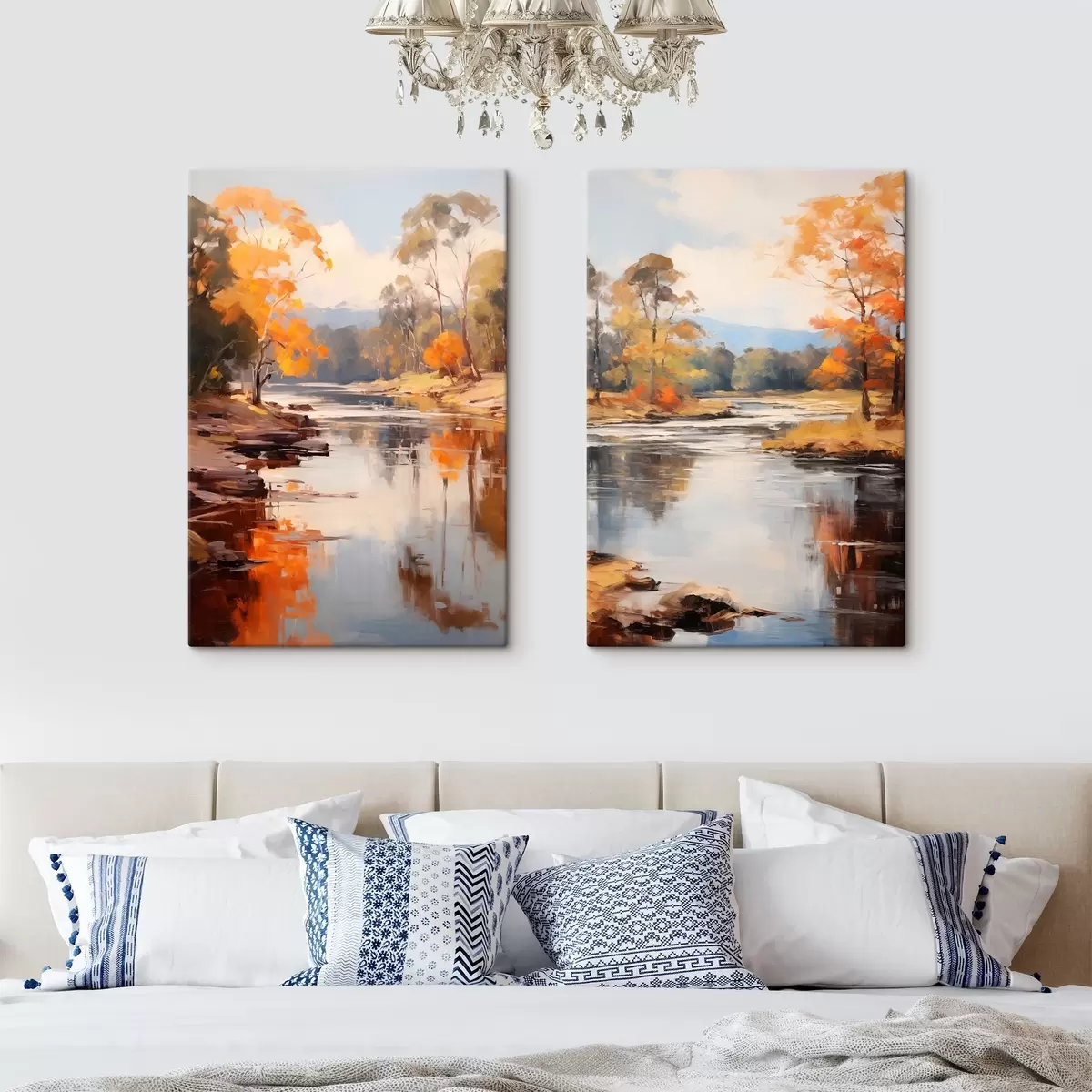 Tableau Paysage automnal, rivière bordée d'arbres, forêt en arrière-plan, reflets sur l'eau m00883