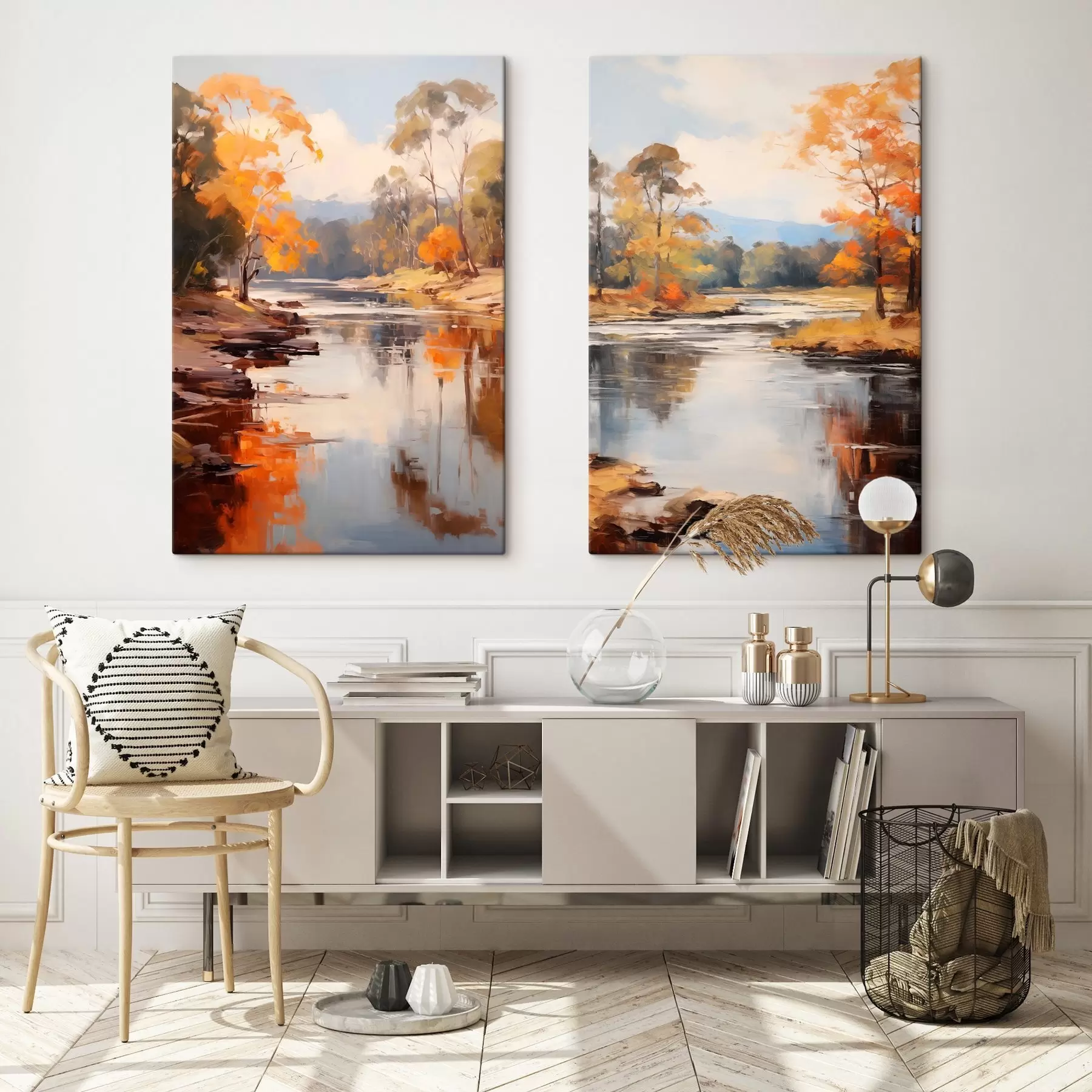 Tableau Paysage automnal, rivière bordée d'arbres, forêt en arrière-plan, reflets sur l'eau m00883