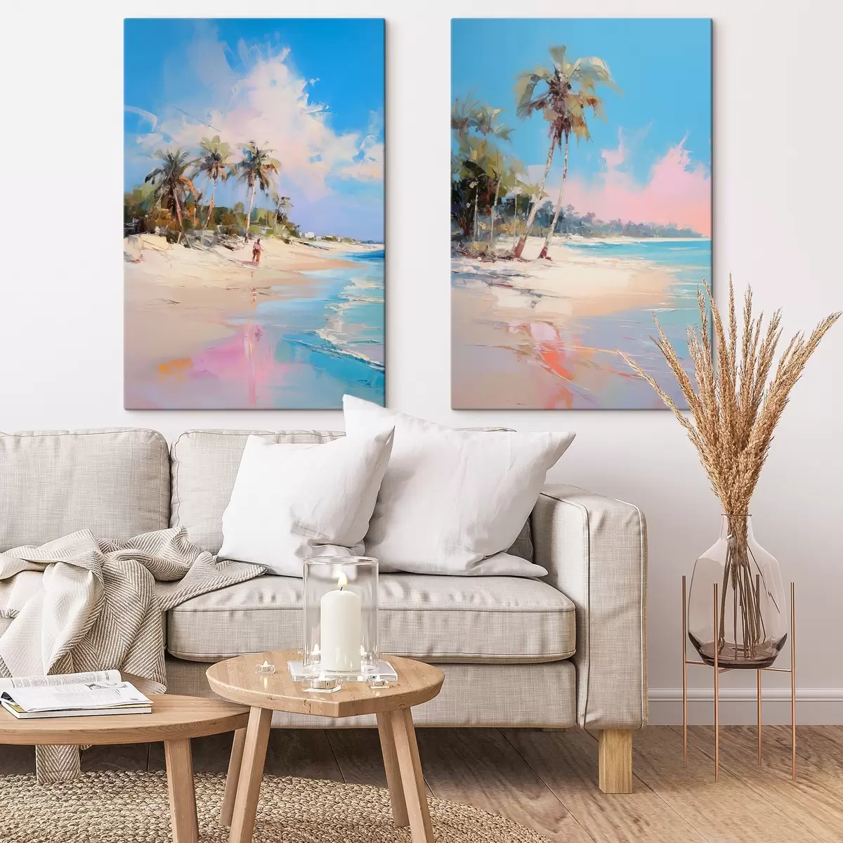 Tableau Paysage abstrait, une plage avec des palmiers, une journée ensoleillée avec un ciel bleu et quelques nuages m00885