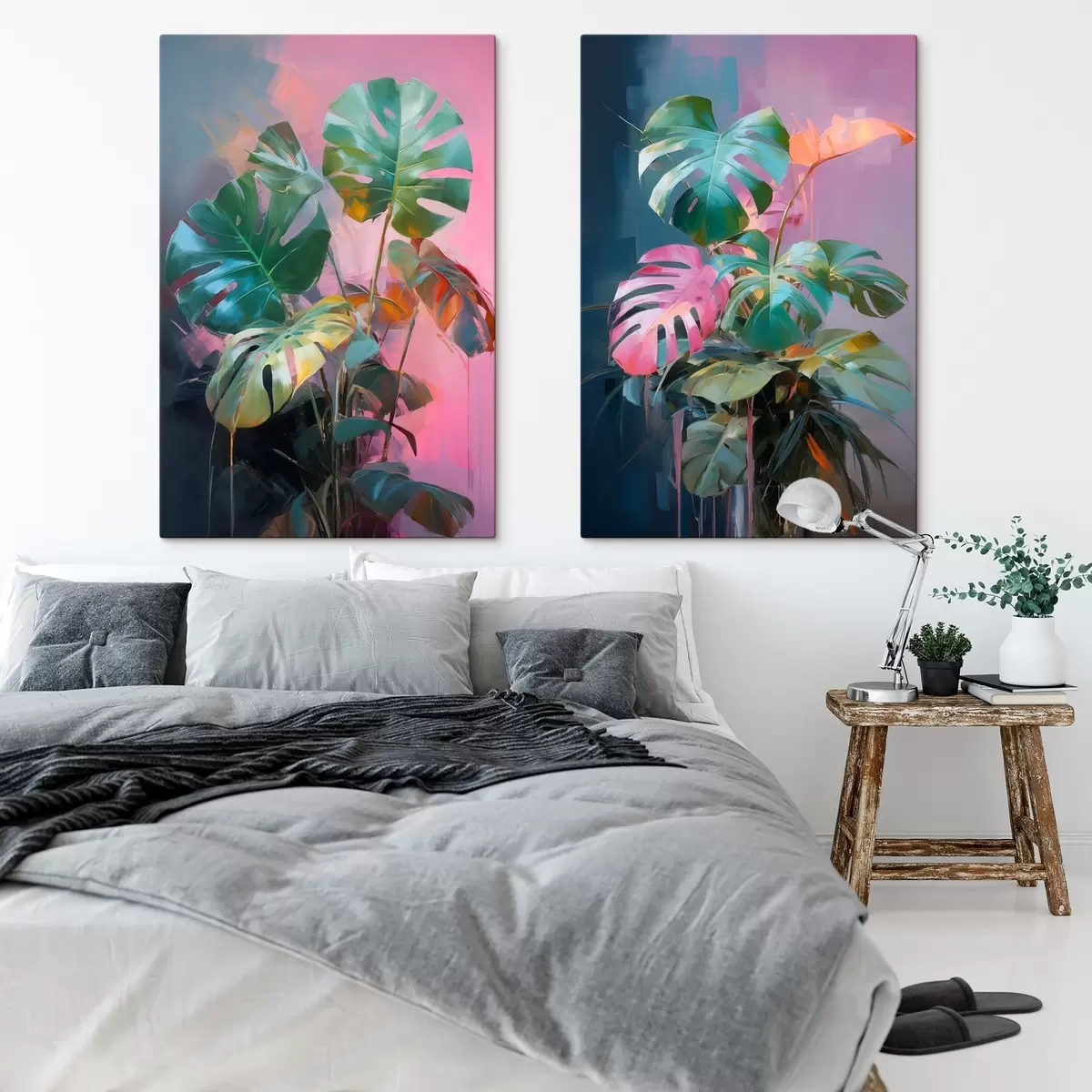 Tableau Plante abstraite monstera aux feuilles d'un vert éclatant, sur fond de douces teintes roses et violettes m00886