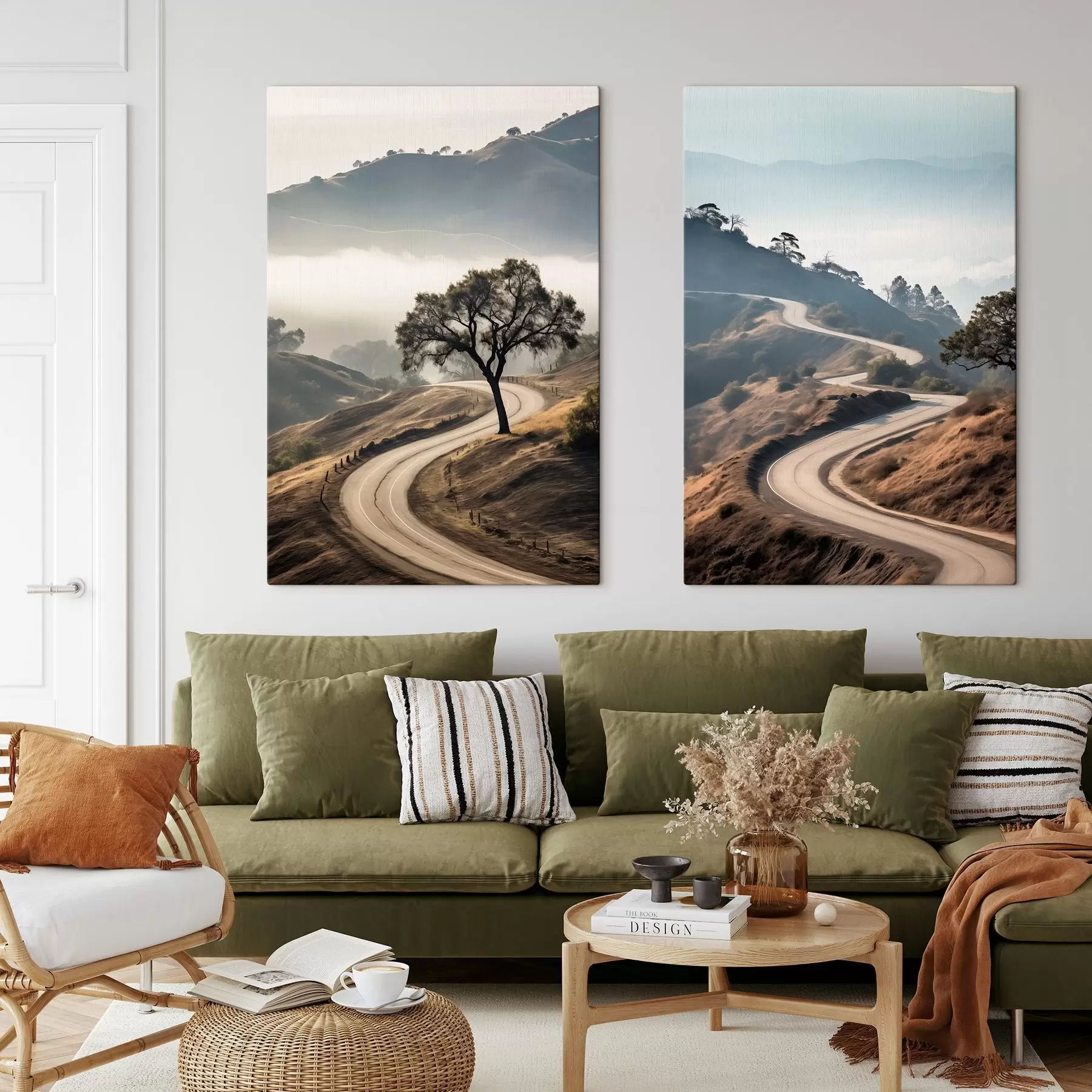 Tableau Une route sinueuse à travers un paysage vallonné recouvert d'herbe sèche, sous un ciel clair, avec des montagnes au loin m00887