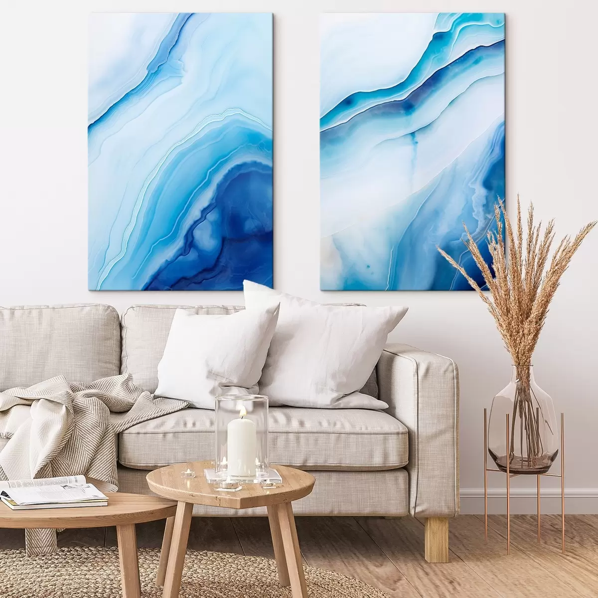 Tableau Imprimé abstrait bleu et blanc agate, lignes tourbillonnantes et dégradés, texture lisse, art moderne, minimaliste m00888