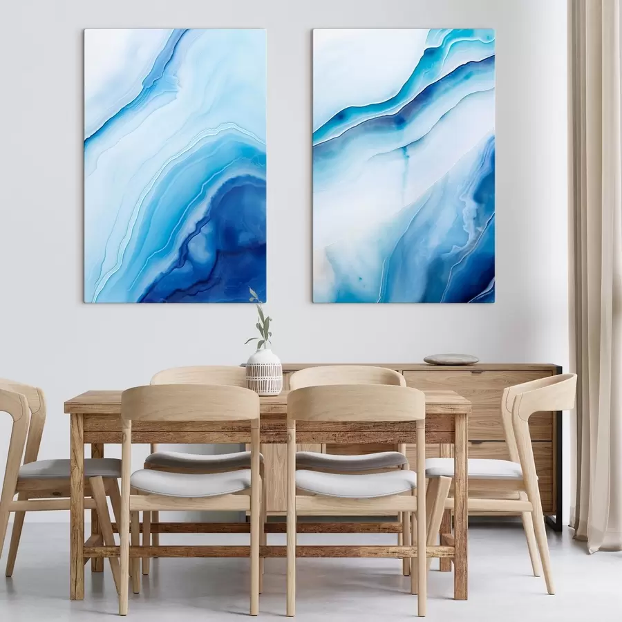 Tableau Imprimé abstrait bleu et blanc agate, lignes tourbillonnantes et dégradés, texture lisse, art moderne, minimaliste m00888