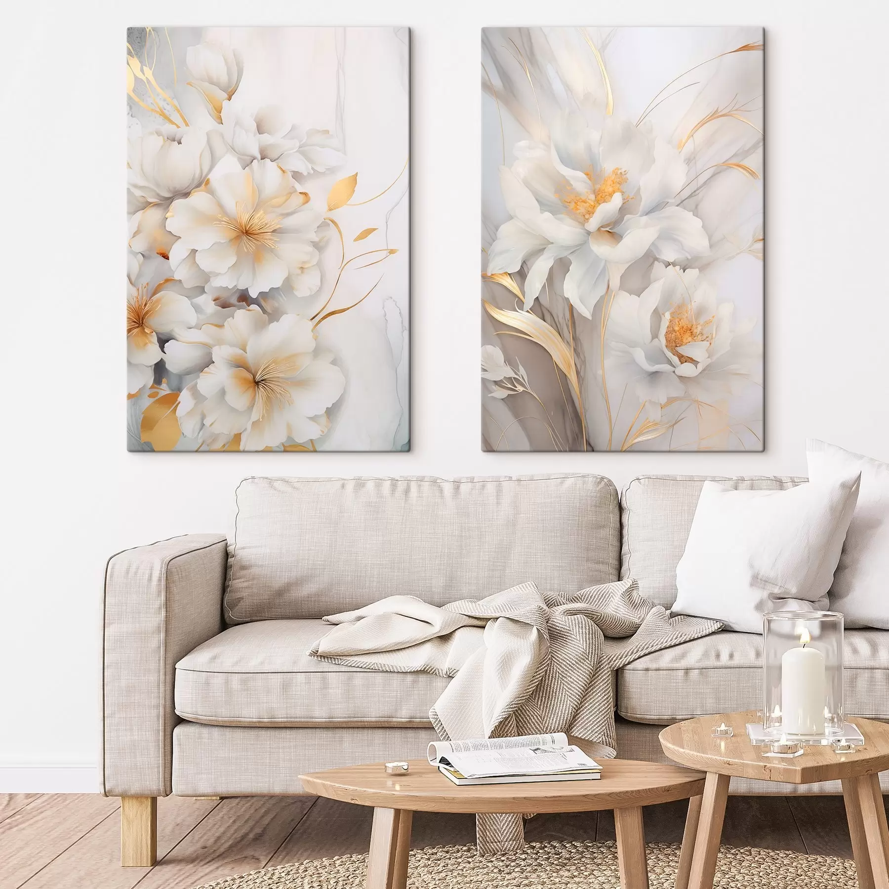 Tableau Fleurs blanches avec des détails jaunes, pétales avec des ombres subtiles, fond clair avec un effet marbré subtil m00889