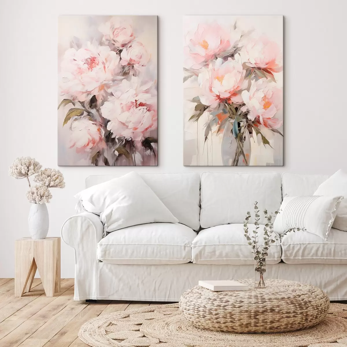 Tableau Bouquet de pivoines rose pâle avec des feuilles vertes, coups de pinceau doux, couleurs pastel, sur fond clair m00890