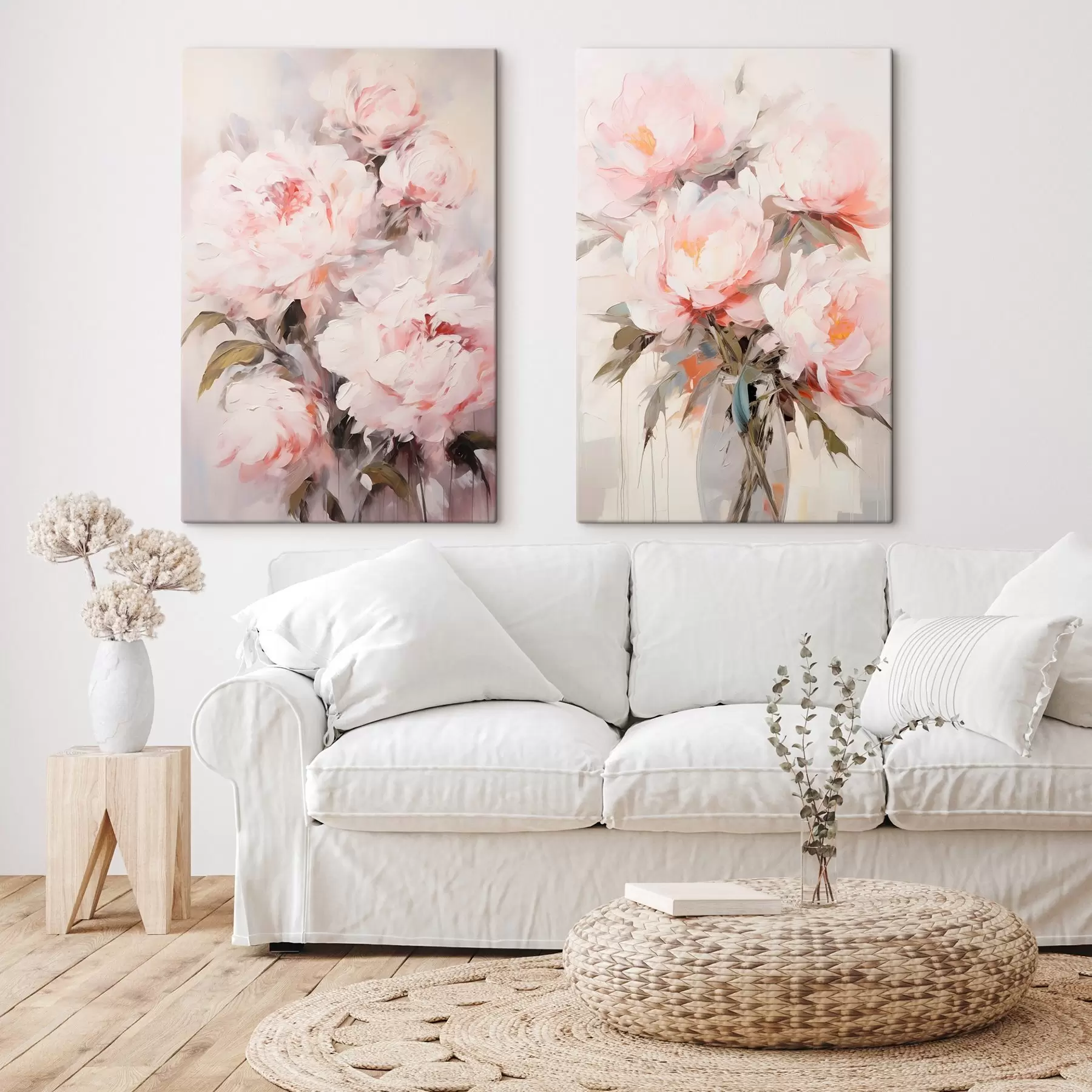 Tableau Bouquet de pivoines rose pâle avec des feuilles vertes, coups de pinceau doux, couleurs pastel, sur fond clair m00890