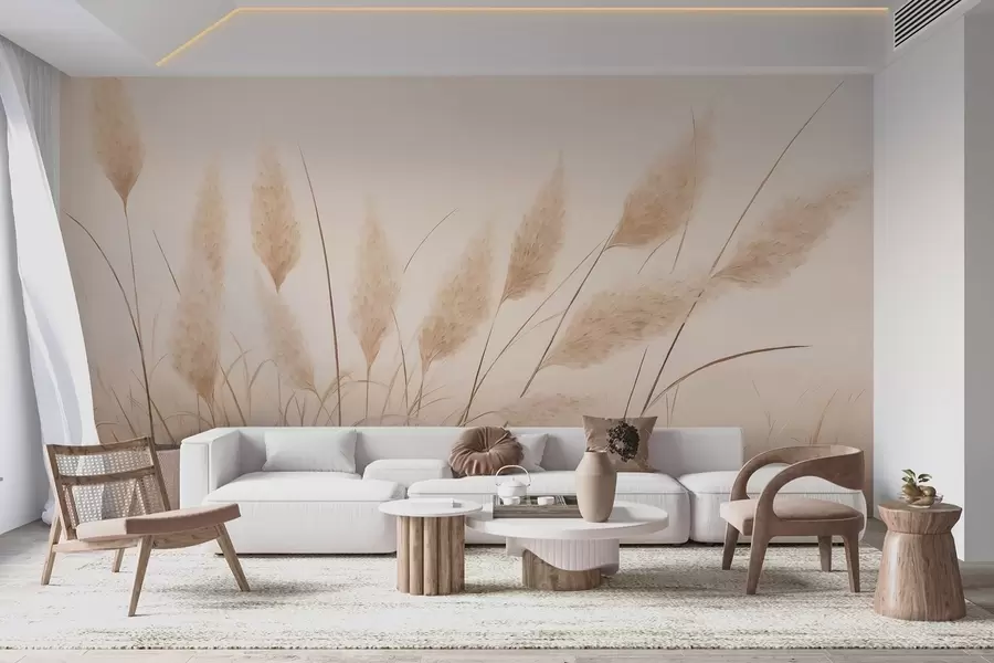 Papier peint Herbe de pampa beige tendre dans le champ w09324