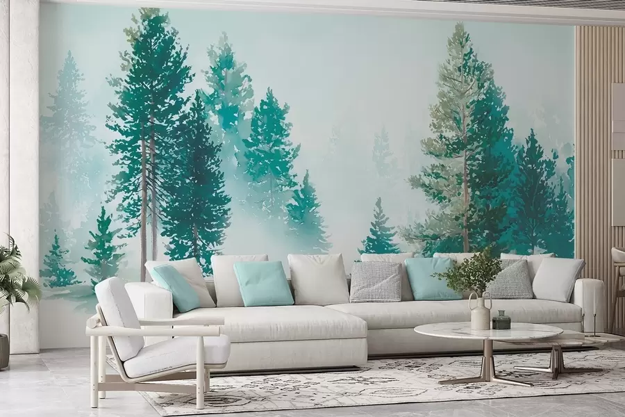 Papier peint Forêt de pins brumeuse dans un style aquarelle w09444