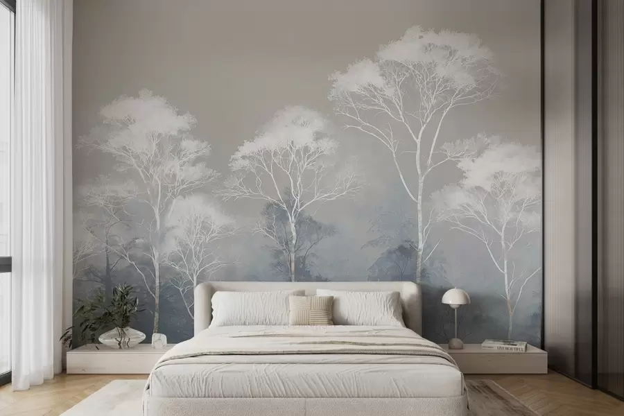 Papier peint Arbres minimalistes dans une palette bleu-gris, dans le brouillard w09448