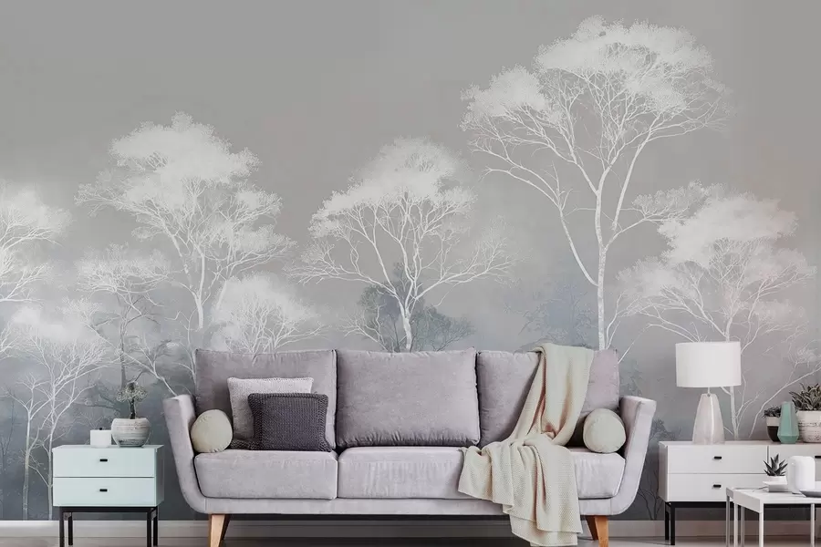 Papier peint Arbres minimalistes dans une palette bleu-gris, dans le brouillard w09448