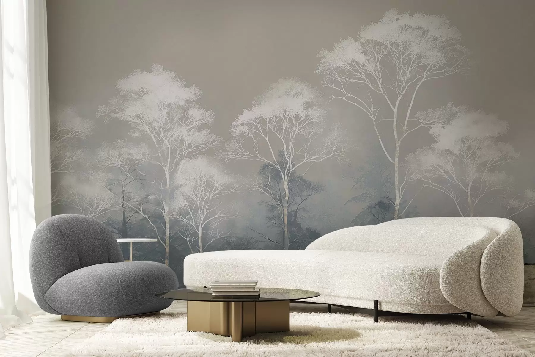 Papier peint Arbres minimalistes dans une palette bleu-gris, dans le brouillard w09448