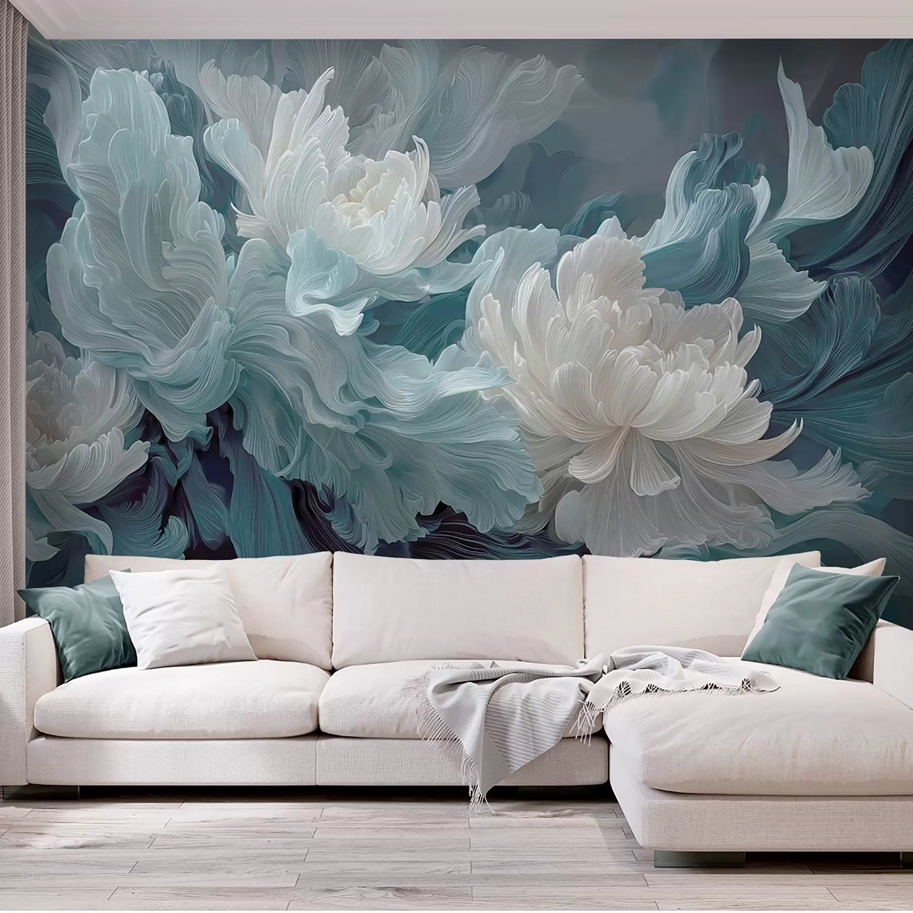 Papier peint Fleurs abstraites dans des tons bleus et turquoise w09452