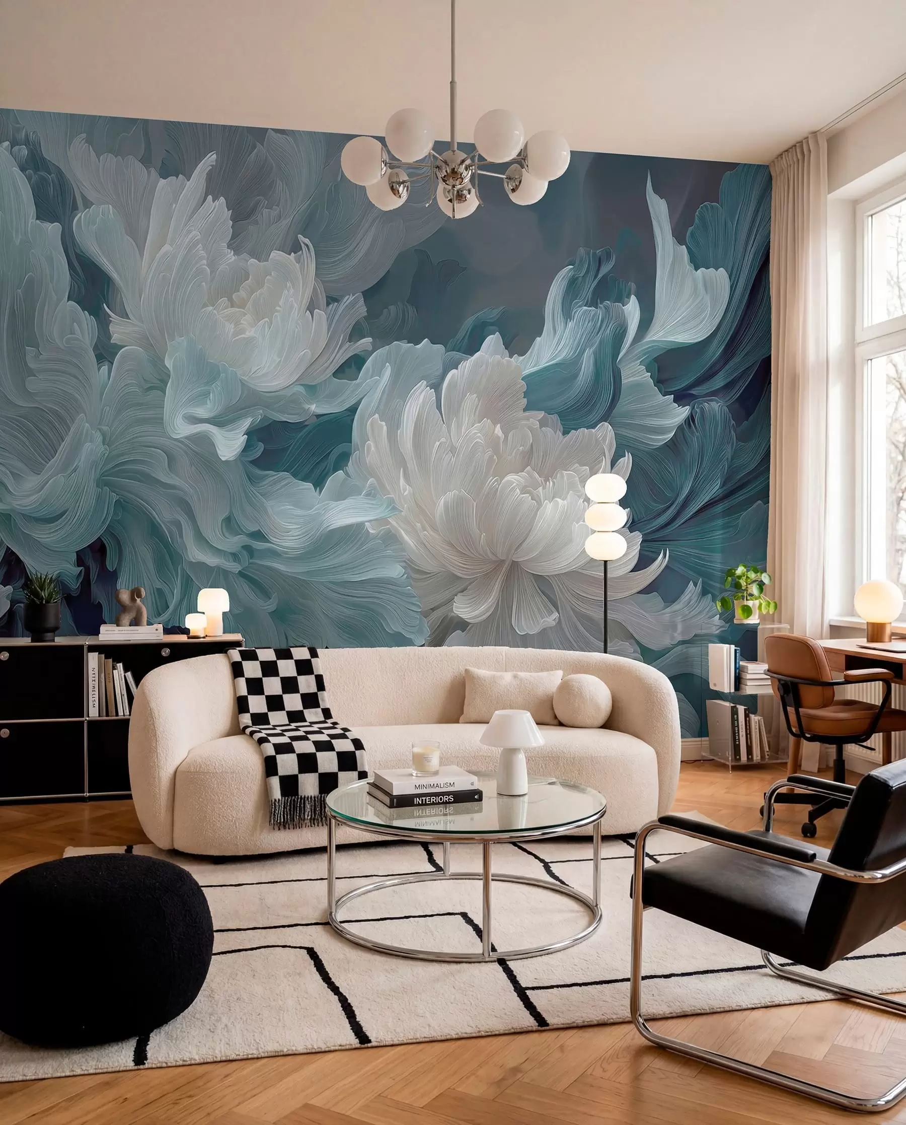 Papier peint Fleurs bleues sur fond pétrole w09452