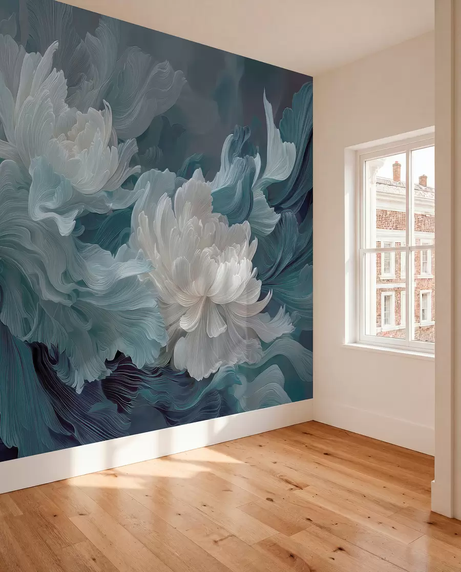 Papier peint Fleurs abstraites dans des tons bleus et turquoise w09452