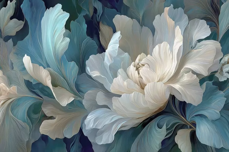 Papier peint Pivoine volumétrique délicate dans une palette de couleurs froides w09456