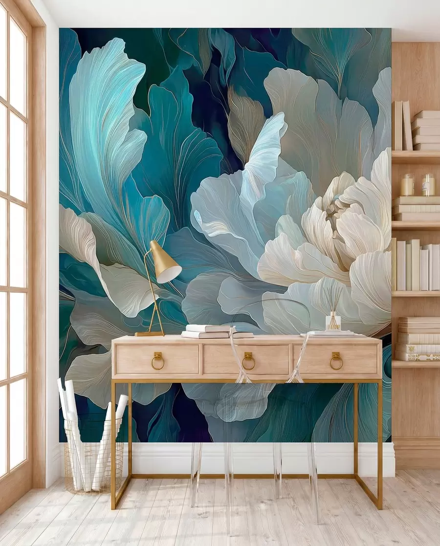 Papier peint Pivoine volumétrique délicate dans une palette de couleurs froides w09456