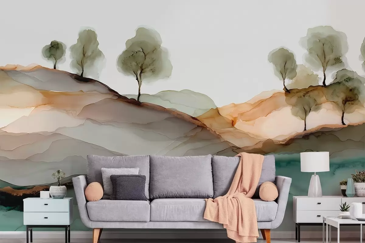 Papier peint Paysage abstrait dans le style de l'encre à alcool — collines et arbres dans des tons pastel w09457 buy France - Uwalls.fr Papier peint Paysage abstrait dans le style de l'encre à alcool — collines et arbres dans des tons pastel w09457