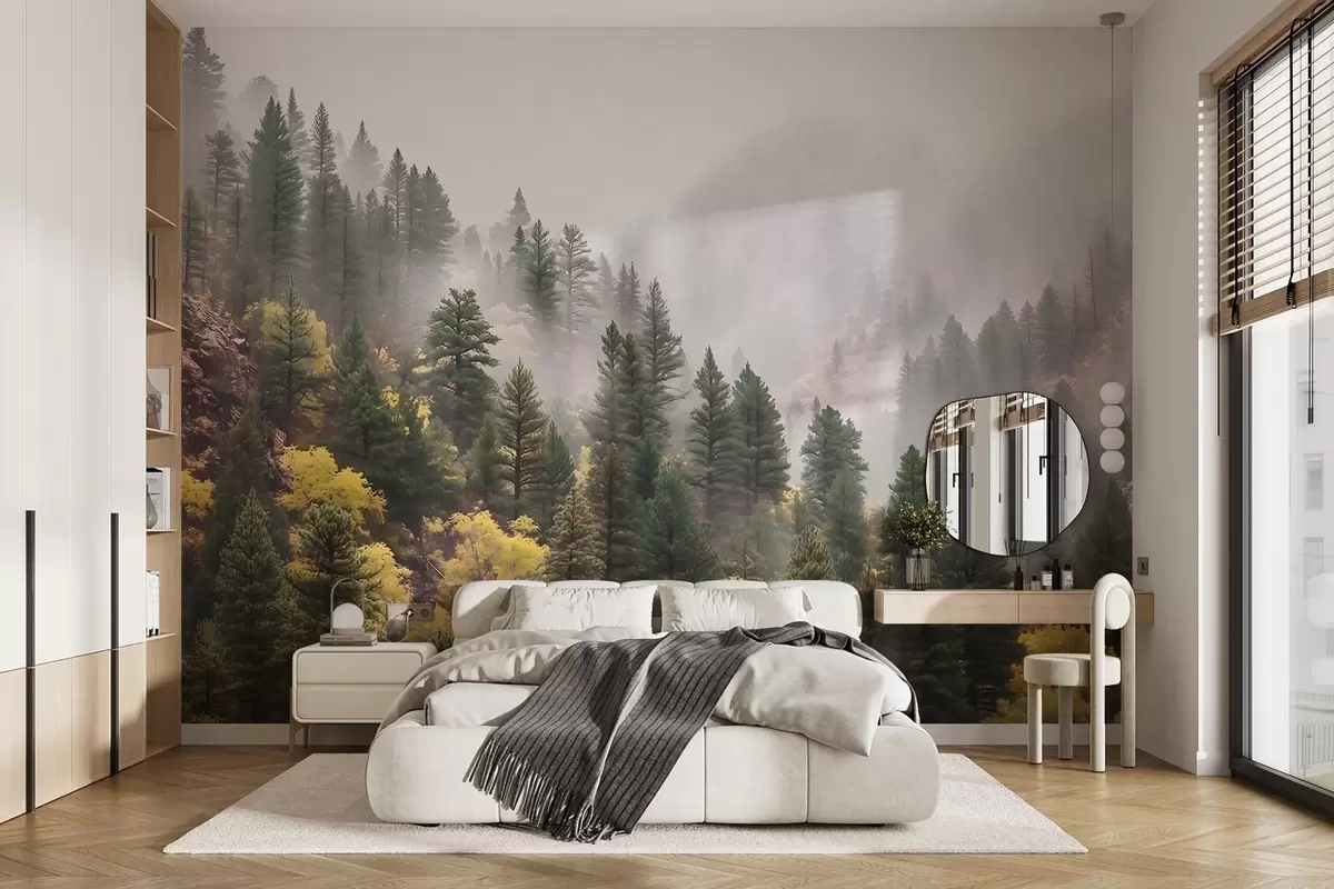 Papier peint Forêt de pins brumeuse et atmosphérique dans les montagnes w09463 buy France - Uwalls.fr Papier peint Forêt de pins brumeuse et atmosphérique dans les montagnes w09463