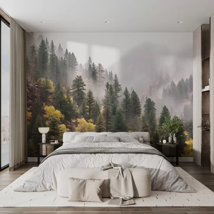 Papier peint Forêt de pins brumeuse et atmosphérique dans les montagnes w09463 buy France - Uwalls.fr Papier peint Forêt de pins brumeuse et atmosphérique dans les montagnes w09463