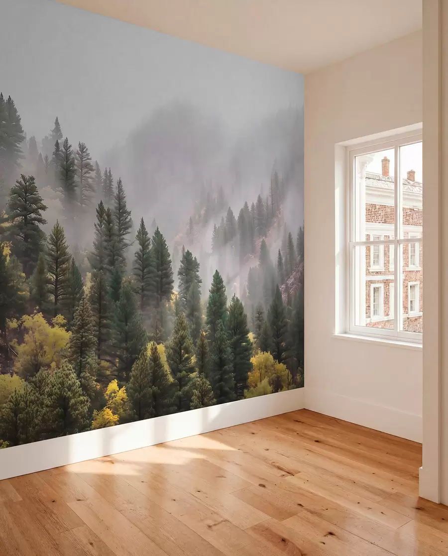 Papier peint Forêt de pins brumeuse et atmosphérique dans les montagnes w09463