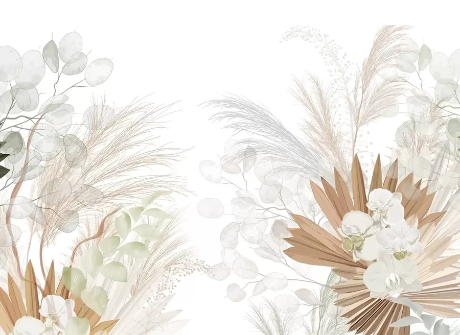Papier peint Herbe de la pampa, eucalyptus, feuilles tropicales et orchidées sur fond blanc, couleurs pastel w09366