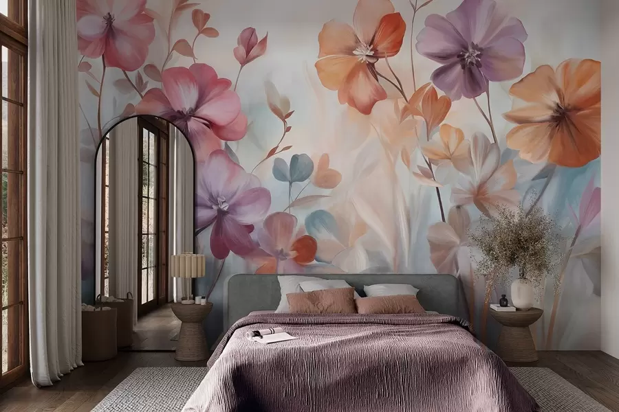 Papier peint Composition florale texturée avec des fleurs roses, violettes et orange, des tiges et des feuilles vertes, dans des tons pastel doux w09486