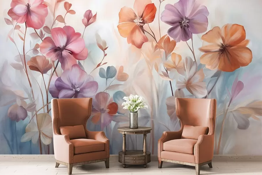 Papier peint Composition florale texturée avec des fleurs roses, violettes et orange, des tiges et des feuilles vertes, dans des tons pastel doux w09486