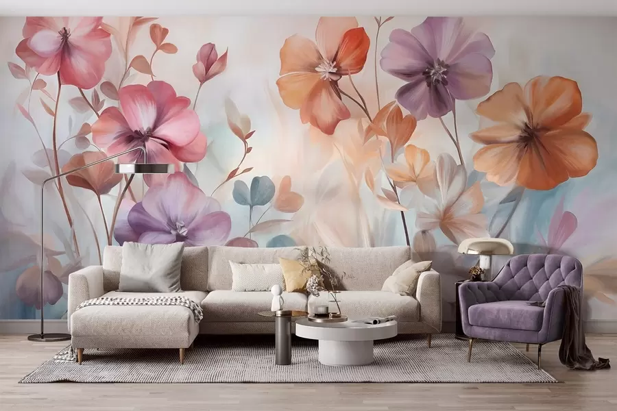 Papier peint Composition florale texturée avec des fleurs roses, violettes et orange, des tiges et des feuilles vertes, dans des tons pastel doux w09486