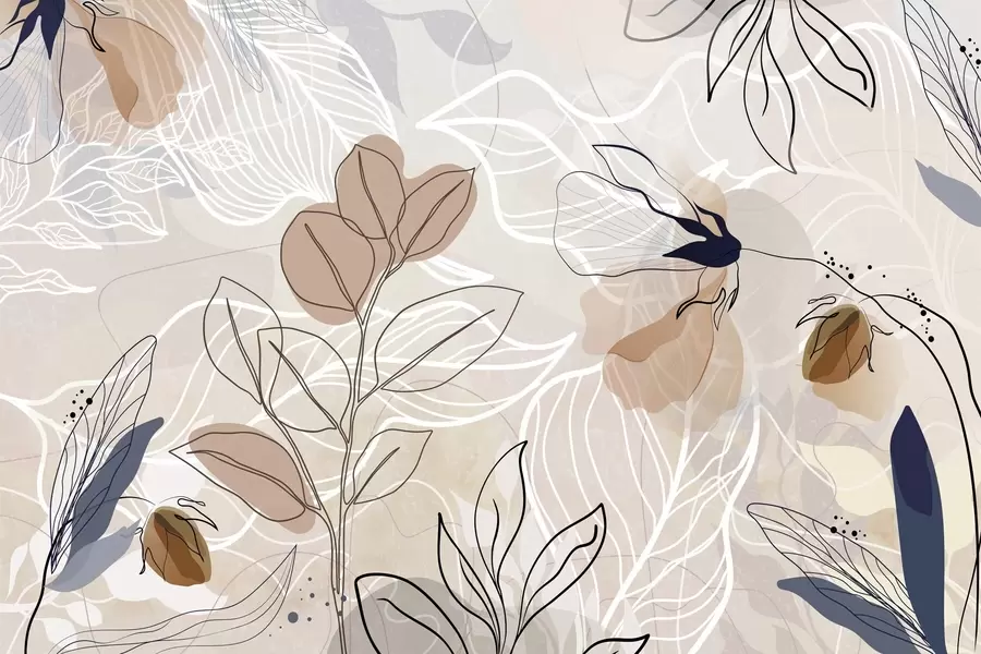 Papier peint Fond abstrait beige avec des feuilles et des fleurs dessinées au trait, formes modernes, minimalistes et organiques, imprimé botanique  w09487