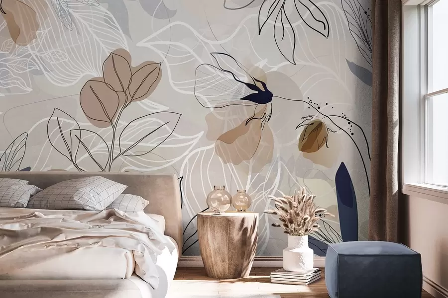 Papier peint Fond abstrait beige avec des feuilles et des fleurs dessinées au trait, formes modernes, minimalistes et organiques, imprimé botanique  w09487