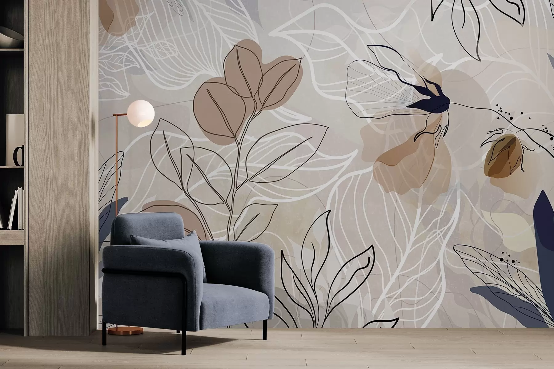 Papier peint Fond abstrait beige avec des feuilles et des fleurs dessinées au trait, formes modernes, minimalistes et organiques, imprimé botanique  w09487