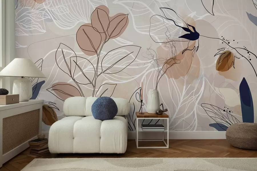 Papier peint Fond abstrait beige avec des feuilles et des fleurs dessinées au trait, formes modernes, minimalistes et organiques, imprimé botanique  w09487