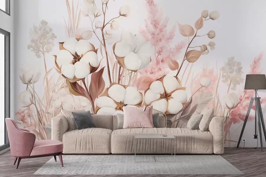 Papier peint Fleurs texturées en coton avec herbe de la pampa blanche et rose, feuilles et herbes beiges et brunes, fond blanc w09489