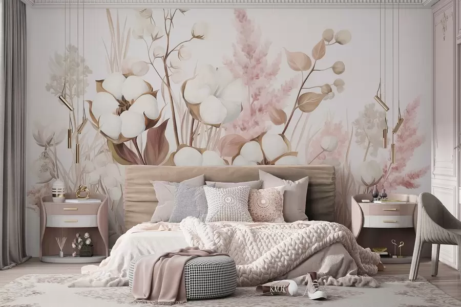 Papier peint Fleurs texturées en coton avec herbe de la pampa blanche et rose, feuilles et herbes beiges et brunes, fond blanc w09489