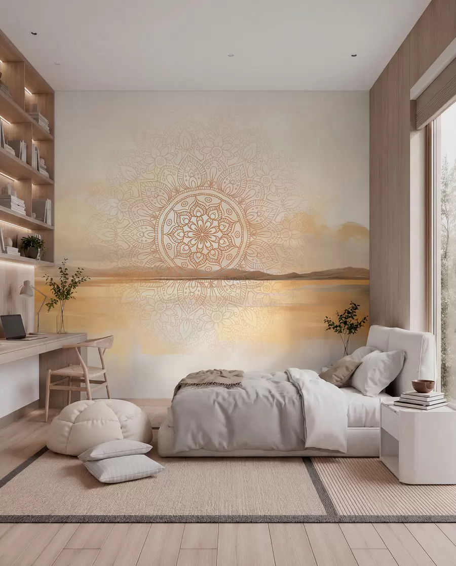 Papier peint Motif mandala symétrique texturé superposé à un paysage représentant la mer, des collines et le ciel, dans des couleurs pastel douces w09491