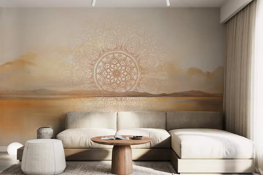 Papier peint Motif mandala symétrique texturé superposé à un paysage représentant la mer, des collines et le ciel, dans des couleurs pastel douces w09491