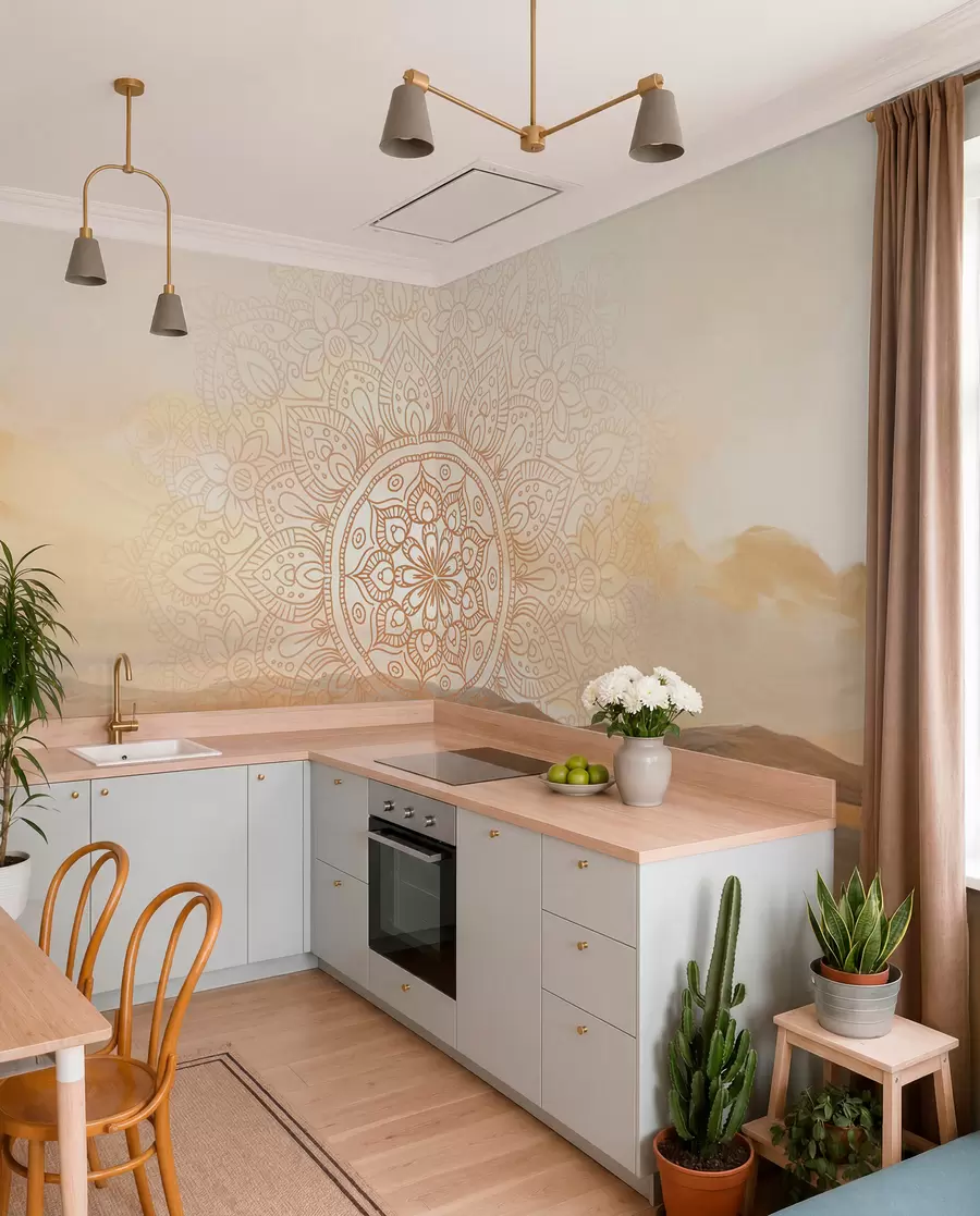 Papier peint Motif mandala symétrique texturé superposé à un paysage représentant la mer, des collines et le ciel, dans des couleurs pastel douces w09491