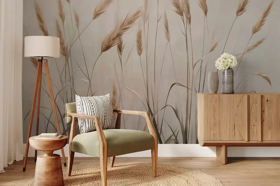 Papier peint Champ de blé texturé avec des épis jaunes, fond beige, éclairage naturel, tons chauds, coups de pinceau détaillés w09493