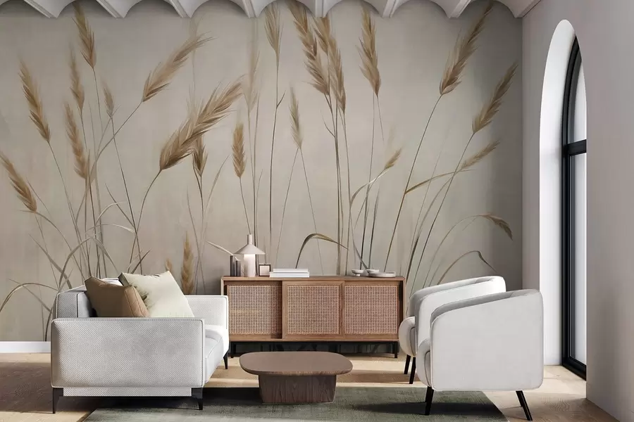 Papier peint Champ de blé texturé avec des épis jaunes, fond beige, éclairage naturel, tons chauds, coups de pinceau détaillés w09493