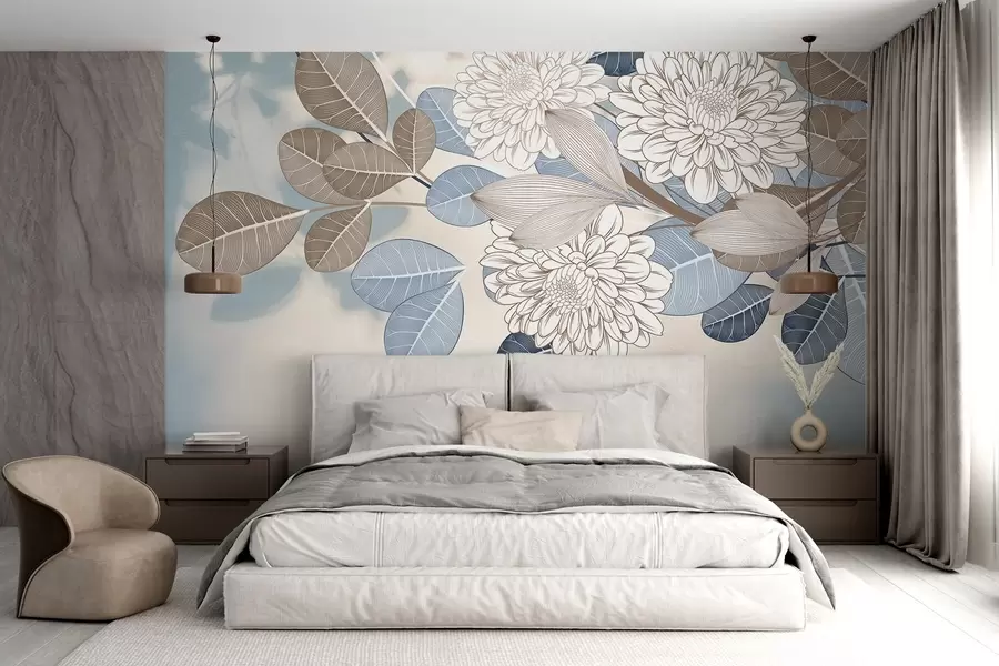 Papier peint Fleurs blanches avec des feuilles bleues et brunes, fond texturé bleu clair, composition florale, dessin au trait détaillé w09496