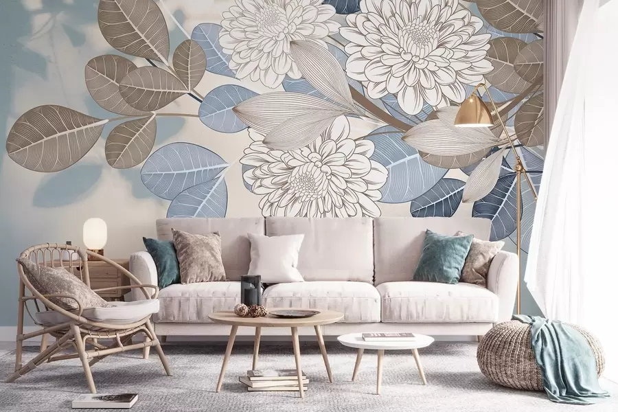 Papier peint Fleurs blanches avec des feuilles bleues et brunes, fond texturé bleu clair, composition florale, dessin au trait détaillé w09496