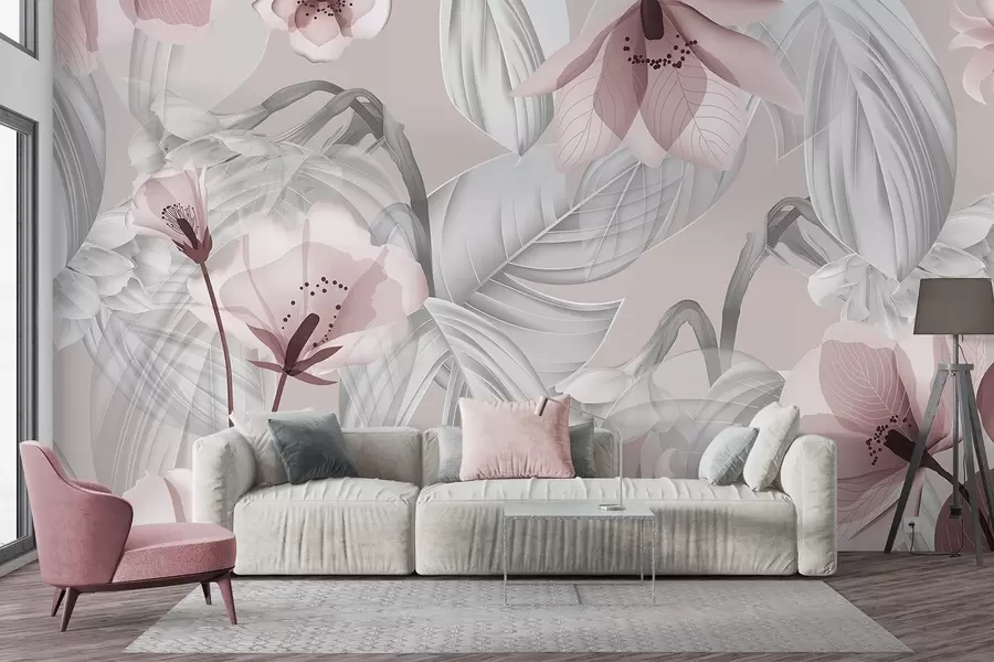 Papier peint Fleurs roses et feuilles grises, fond botanique floral, design élégant, couleurs douces, détails légers et délicats w09497