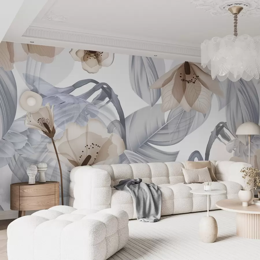 Papier peint Fleurs brunes et feuilles grises, fond botanique floral, design élégant, couleurs douces, détails légers et délicats w09497v1