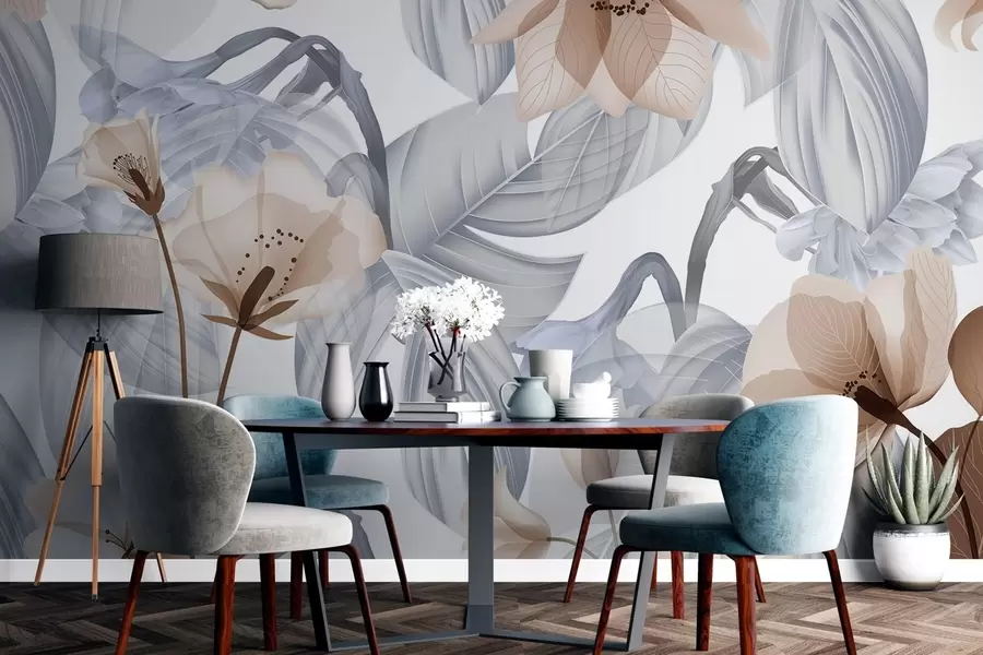 Papier peint Fleurs brunes et feuilles grises, fond botanique floral, design élégant, couleurs douces, détails légers et délicats w09497v1