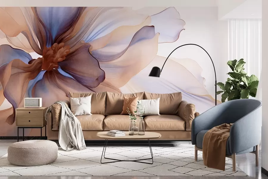 Papier peint Fleur détaillée à grande texture avec des pétales blancs, bleus et bruns, sur fond blanc w09498