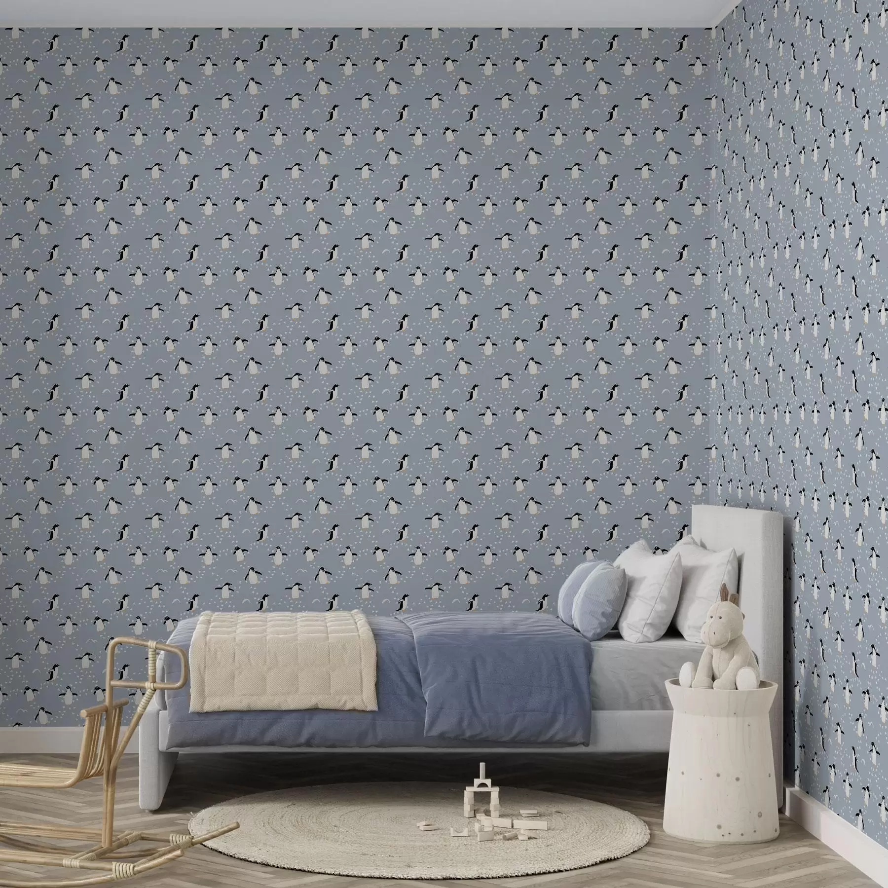 Papier peint Pingouins sur fond gris-bleu avec empreintes de pas a00655