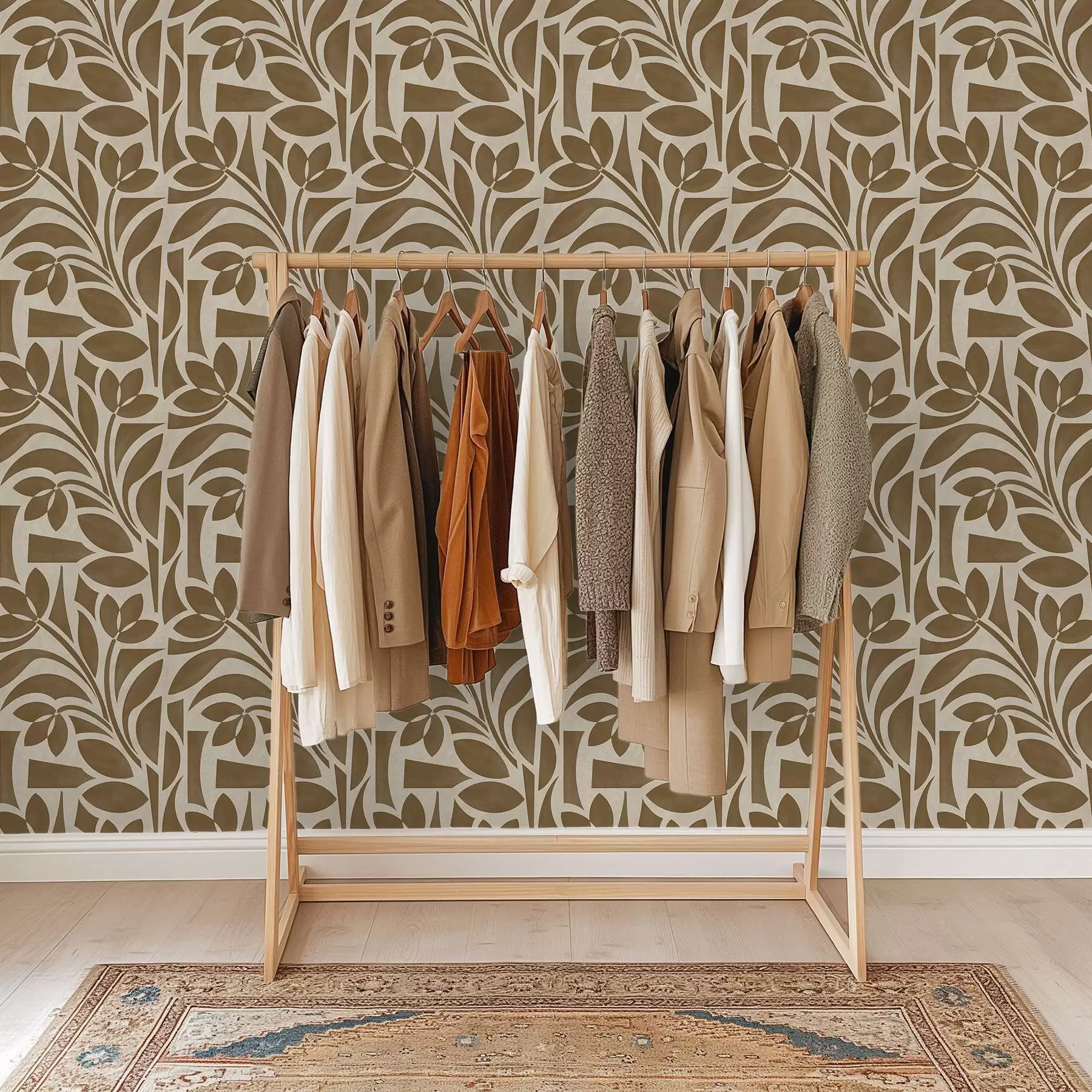 Papier peint Silhouettes géométriques de feuilles, brun caramel sur fond beige a00679
