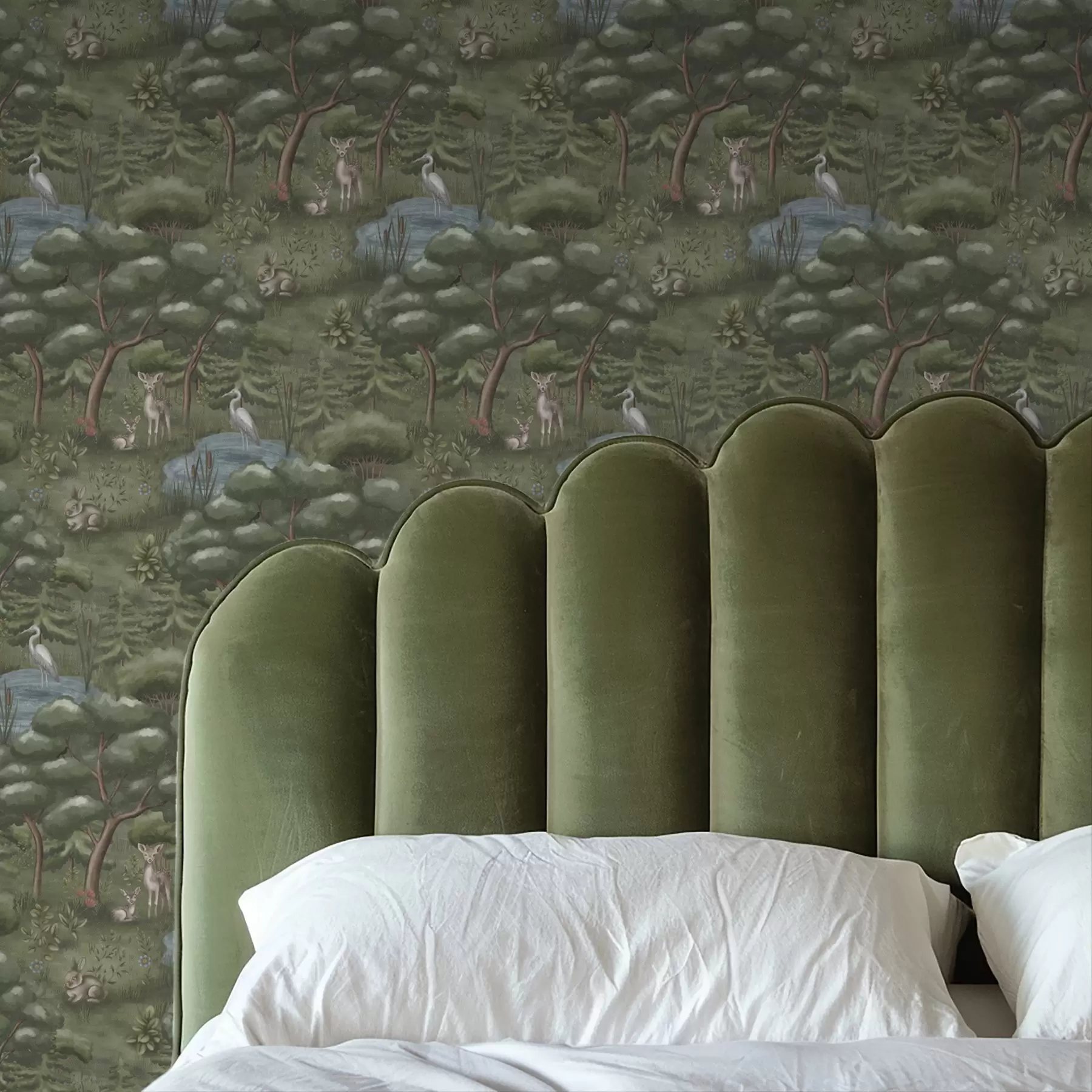 Papier peint Clairière avec faons, lapins et hérons a00680