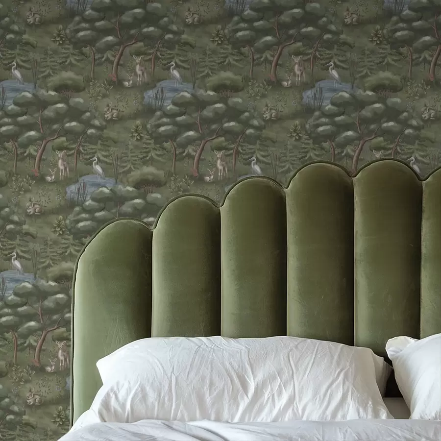 Papier peint Clairière avec faons, lapins et hérons a00680